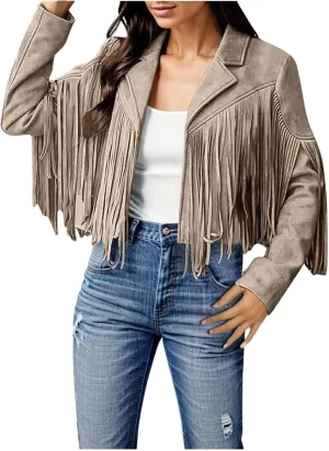 Womens Vintage Fringe Faux Suede Leather Cropped Jackets Fall Winter Motorcycle Moto Biker Short Open Front Tassel Coat