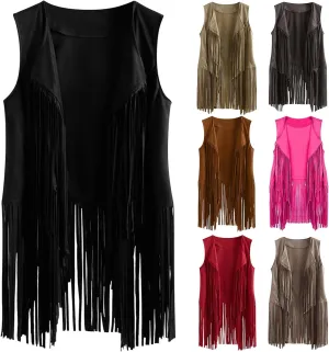 Womens Vintage Western Fringe Vest Tops 70s Hippie Costume Sleeveless Cowgirl Cowboy Faux Suede Tassel Shirt