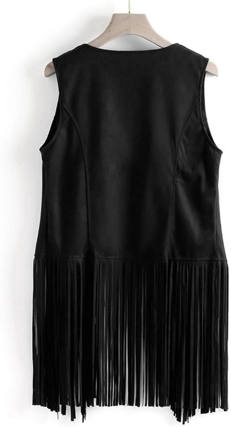 Womens Vintage Western Fringe Vest Tops 70s Hippie Costume Sleeveless Cowgirl Cowboy Faux Suede Tassel Shirt