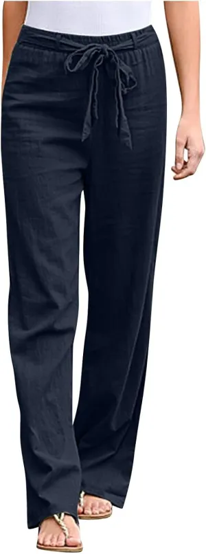 Women's Wide Leg Cotton Linen Pants Drawstring Elastic Waist Lounge Trousers Summer Casual Loose Lightweight Beach Pants