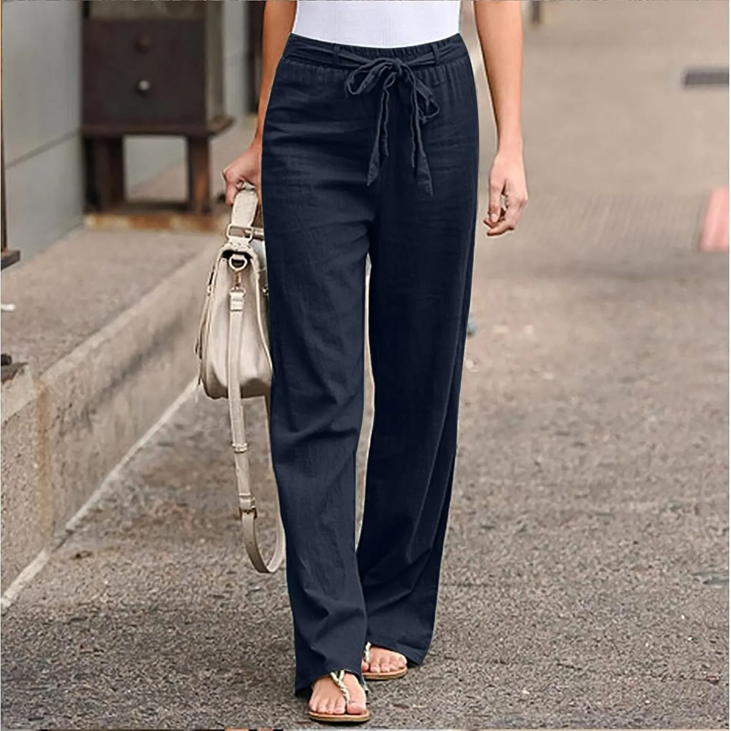Women's Wide Leg Cotton Linen Pants Drawstring Elastic Waist Lounge Trousers Summer Casual Loose Lightweight Beach Pants