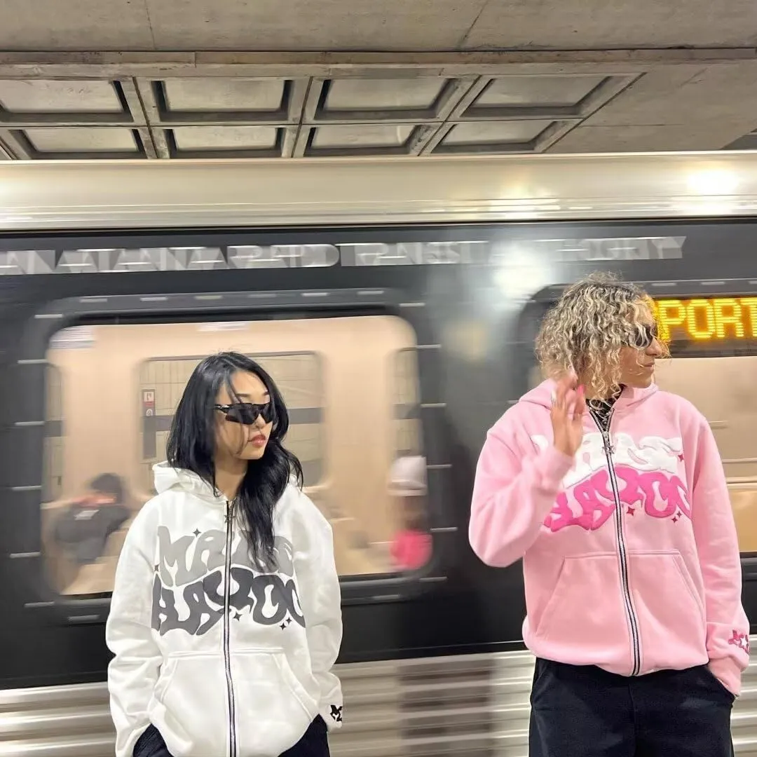 Y2K Zip Up Hoodies Puff Print Grunge Graphic Jackets Hip Hop Streetwear Sweatshirts Unisex