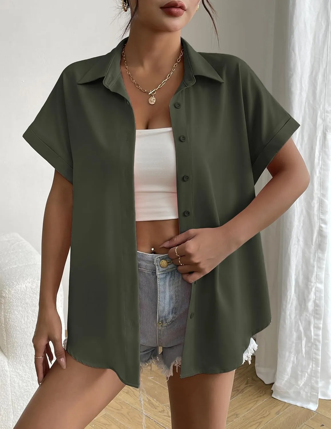 Zeagoo Short Sleeve Summer Tops for Women Casual Button Down Shirts Solid/Striped Business Work Blouses