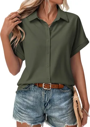 Zeagoo Short Sleeve Summer Tops for Women Casual Button Down Shirts Solid/Striped Business Work Blouses