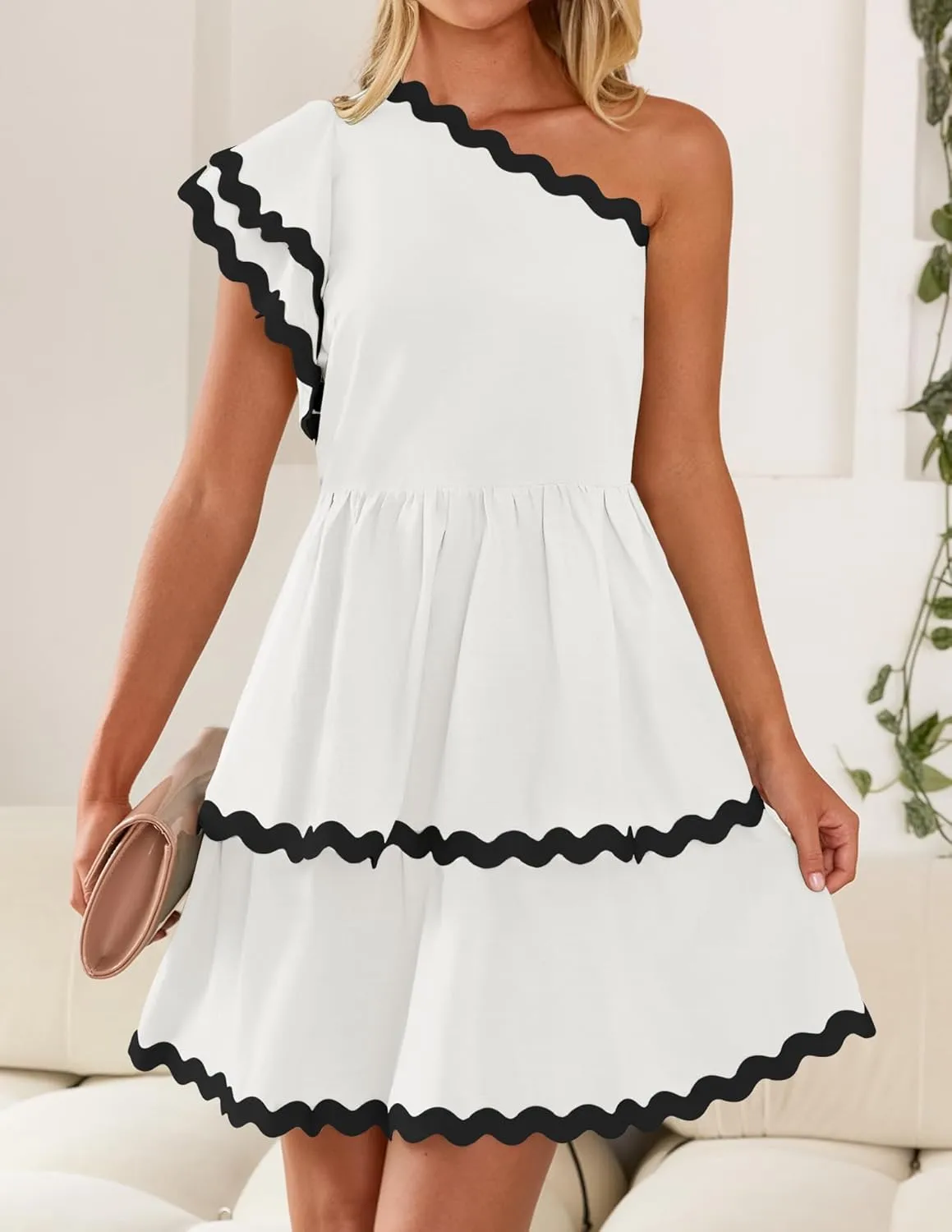 ZESICA Women's 2025 Summer One Shoulder Dresses Ruffle Short Sleeve Tiered Layered Swing A Line Mini Sundress