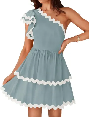 ZESICA Women's 2025 Summer One Shoulder Dresses Ruffle Short Sleeve Tiered Layered Swing A Line Mini Sundress
