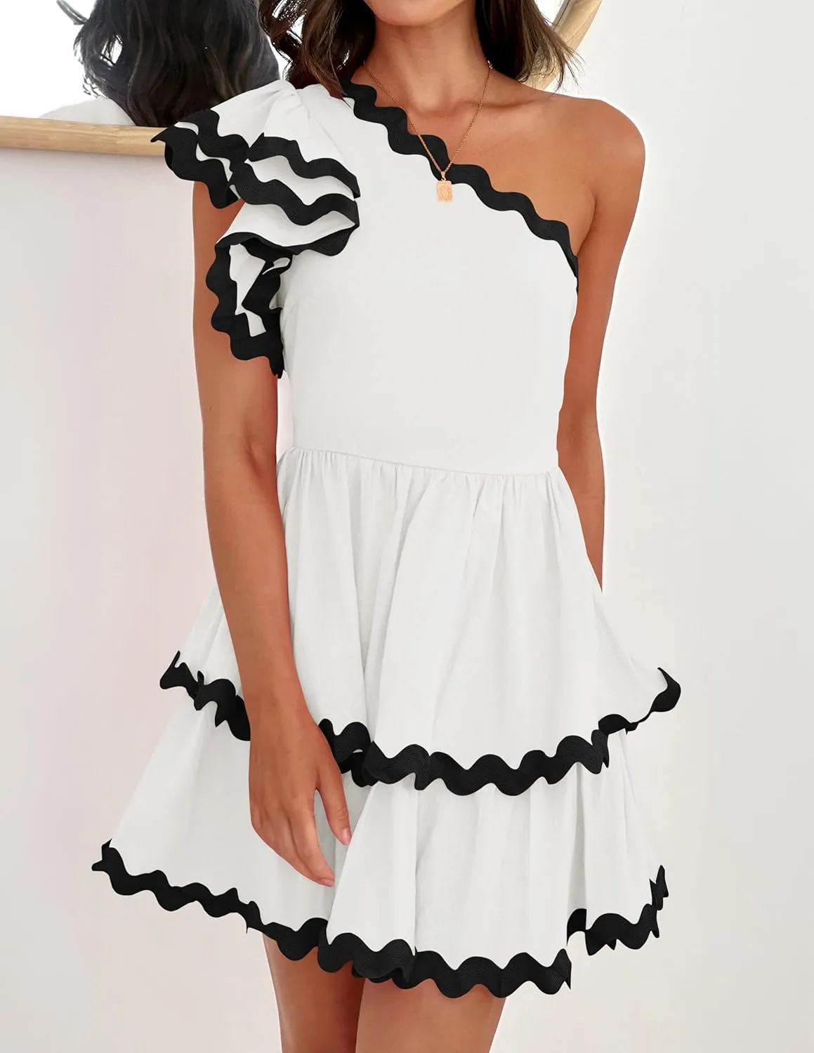 ZESICA Women's 2025 Summer One Shoulder Dresses Ruffle Short Sleeve Tiered Layered Swing A Line Mini Sundress