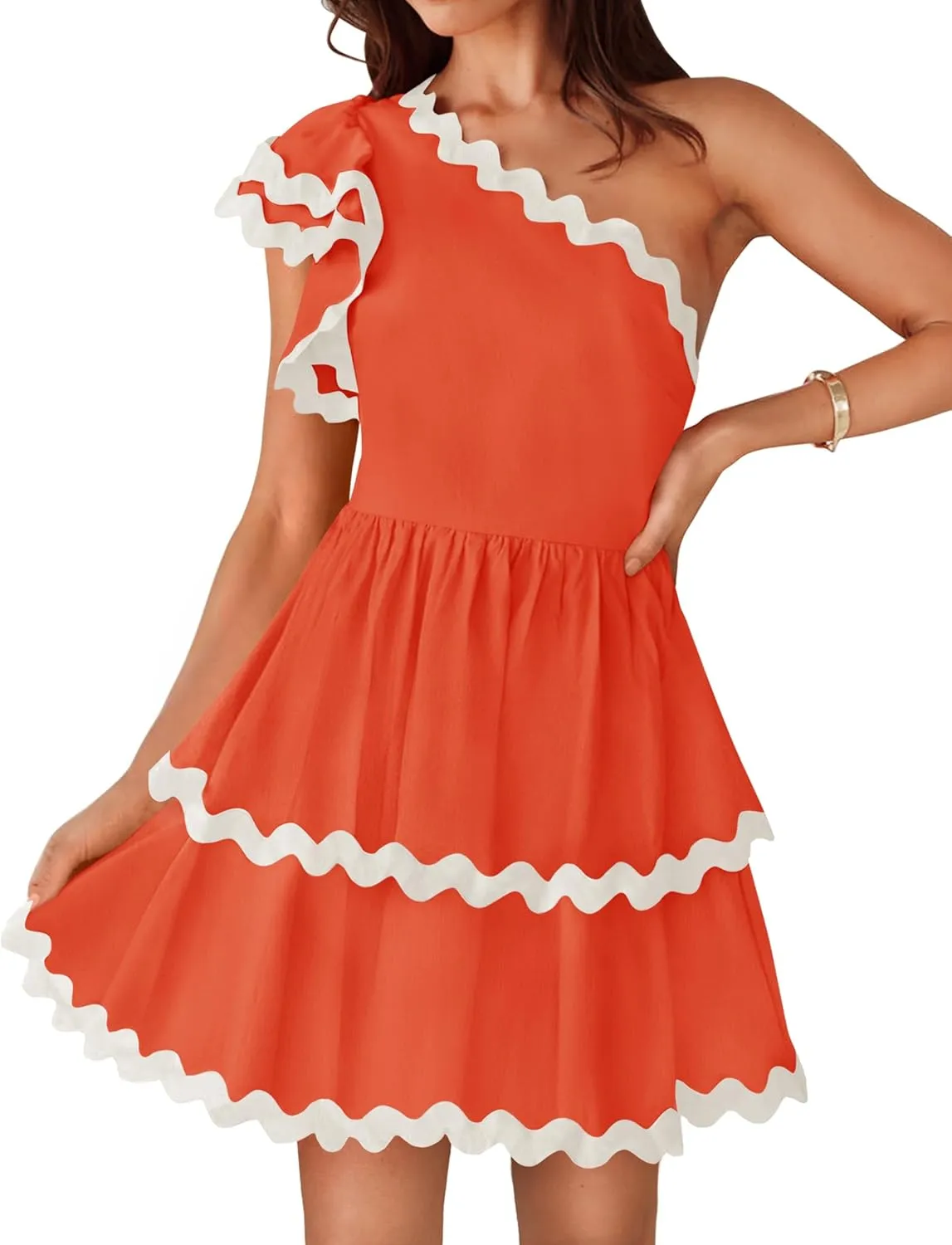 ZESICA Women's 2025 Summer One Shoulder Dresses Ruffle Short Sleeve Tiered Layered Swing A Line Mini Sundress