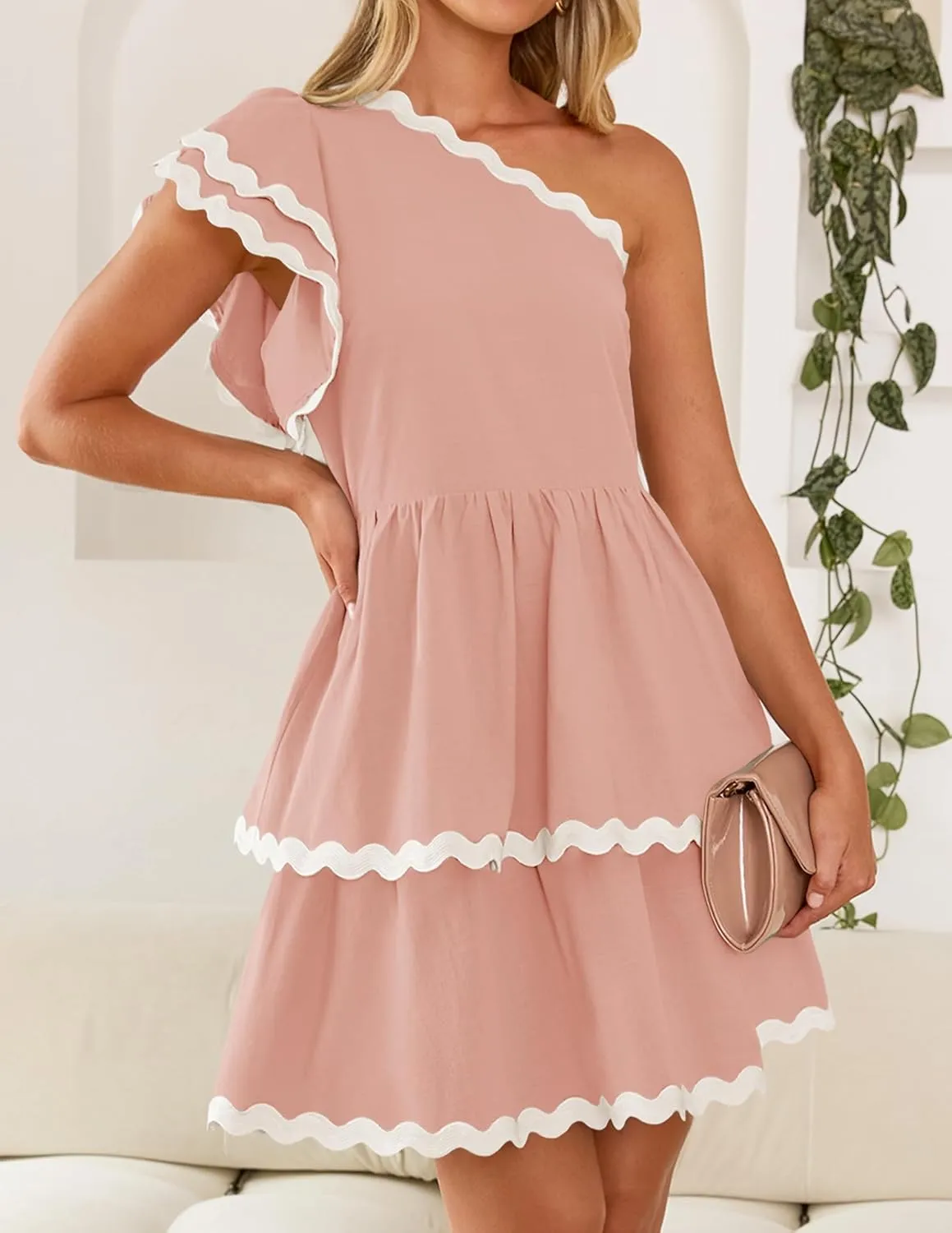 ZESICA Women's 2025 Summer One Shoulder Dresses Ruffle Short Sleeve Tiered Layered Swing A Line Mini Sundress