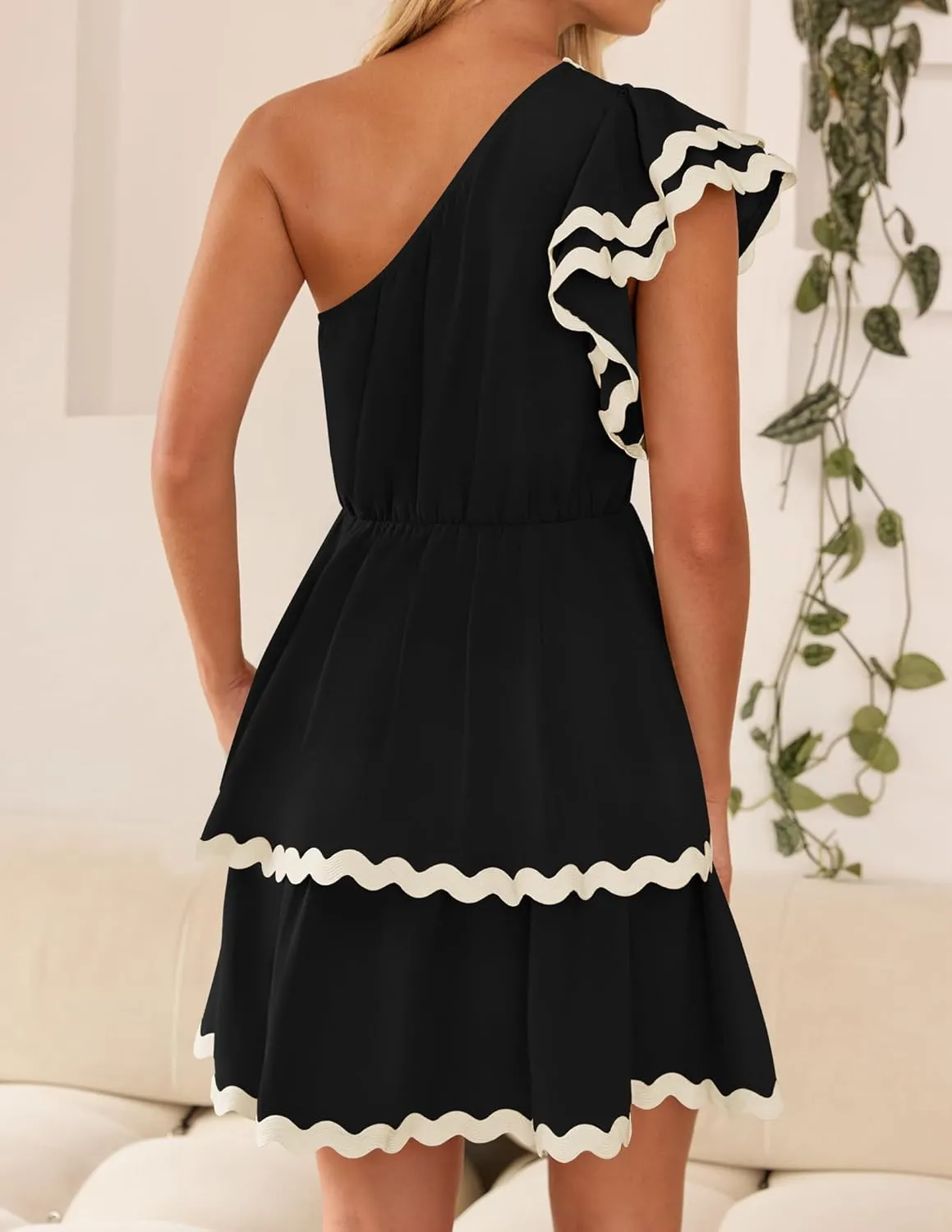 ZESICA Women's 2025 Summer One Shoulder Dresses Ruffle Short Sleeve Tiered Layered Swing A Line Mini Sundress