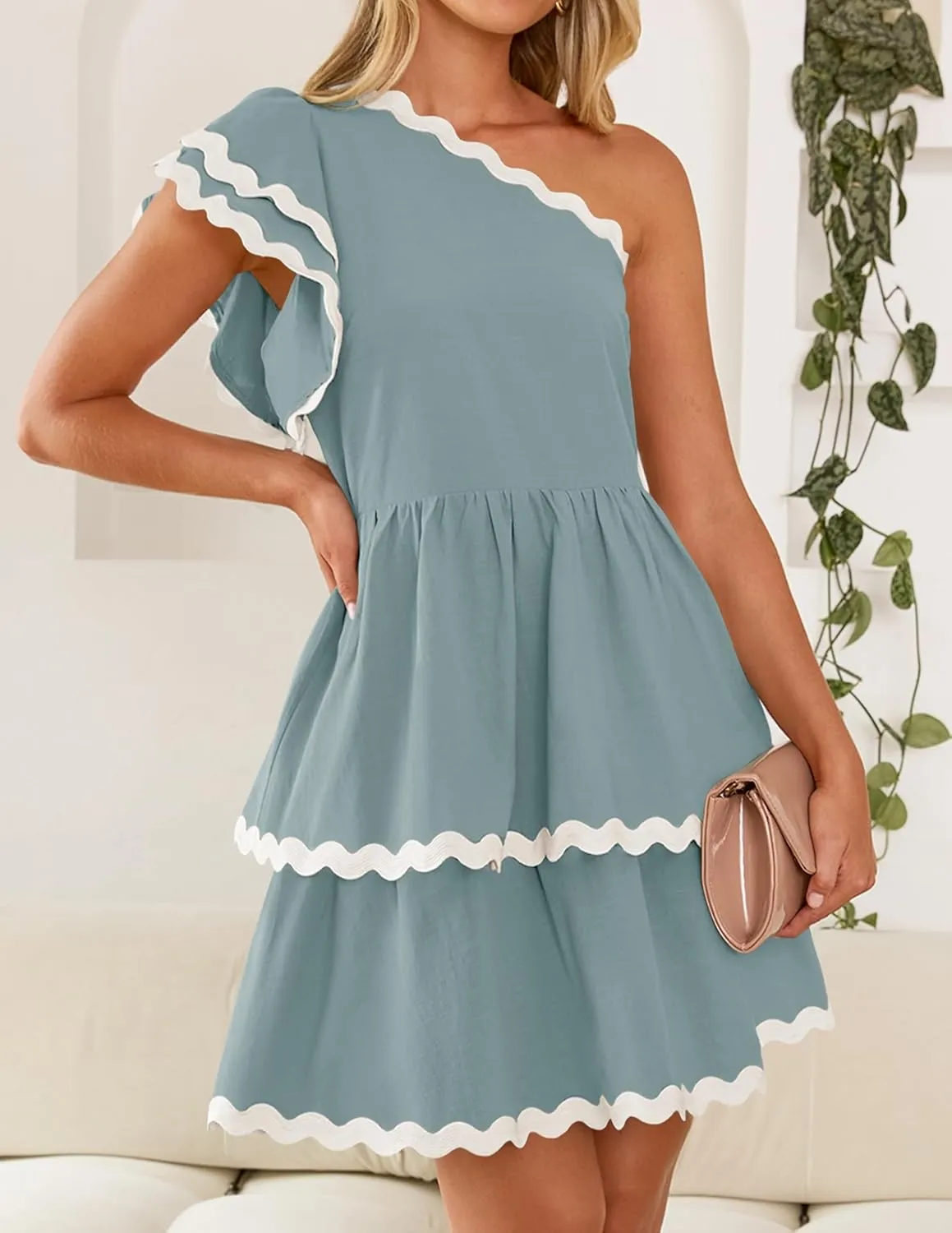 ZESICA Women's 2025 Summer One Shoulder Dresses Ruffle Short Sleeve Tiered Layered Swing A Line Mini Sundress