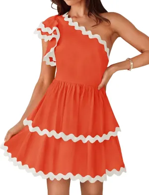 ZESICA Women's 2025 Summer One Shoulder Dresses Ruffle Short Sleeve Tiered Layered Swing A Line Mini Sundress