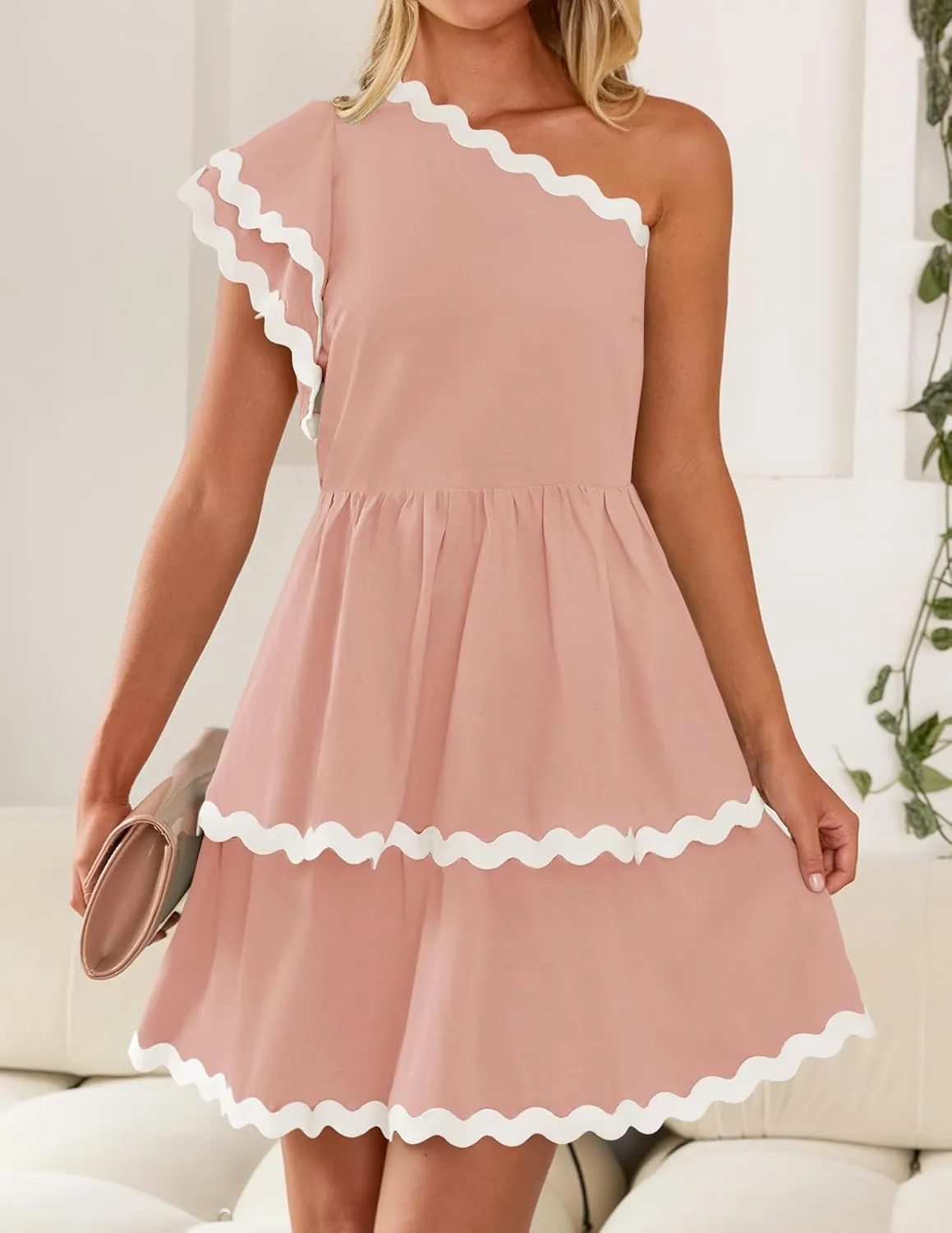 ZESICA Women's 2025 Summer One Shoulder Dresses Ruffle Short Sleeve Tiered Layered Swing A Line Mini Sundress
