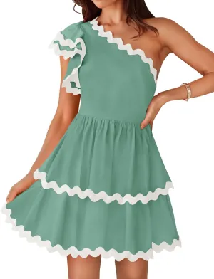 ZESICA Women's 2025 Summer One Shoulder Dresses Ruffle Short Sleeve Tiered Layered Swing A Line Mini Sundress