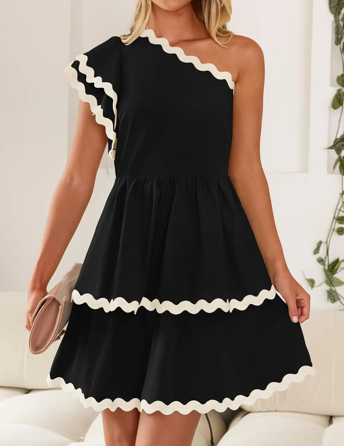 ZESICA Women's 2025 Summer One Shoulder Dresses Ruffle Short Sleeve Tiered Layered Swing A Line Mini Sundress