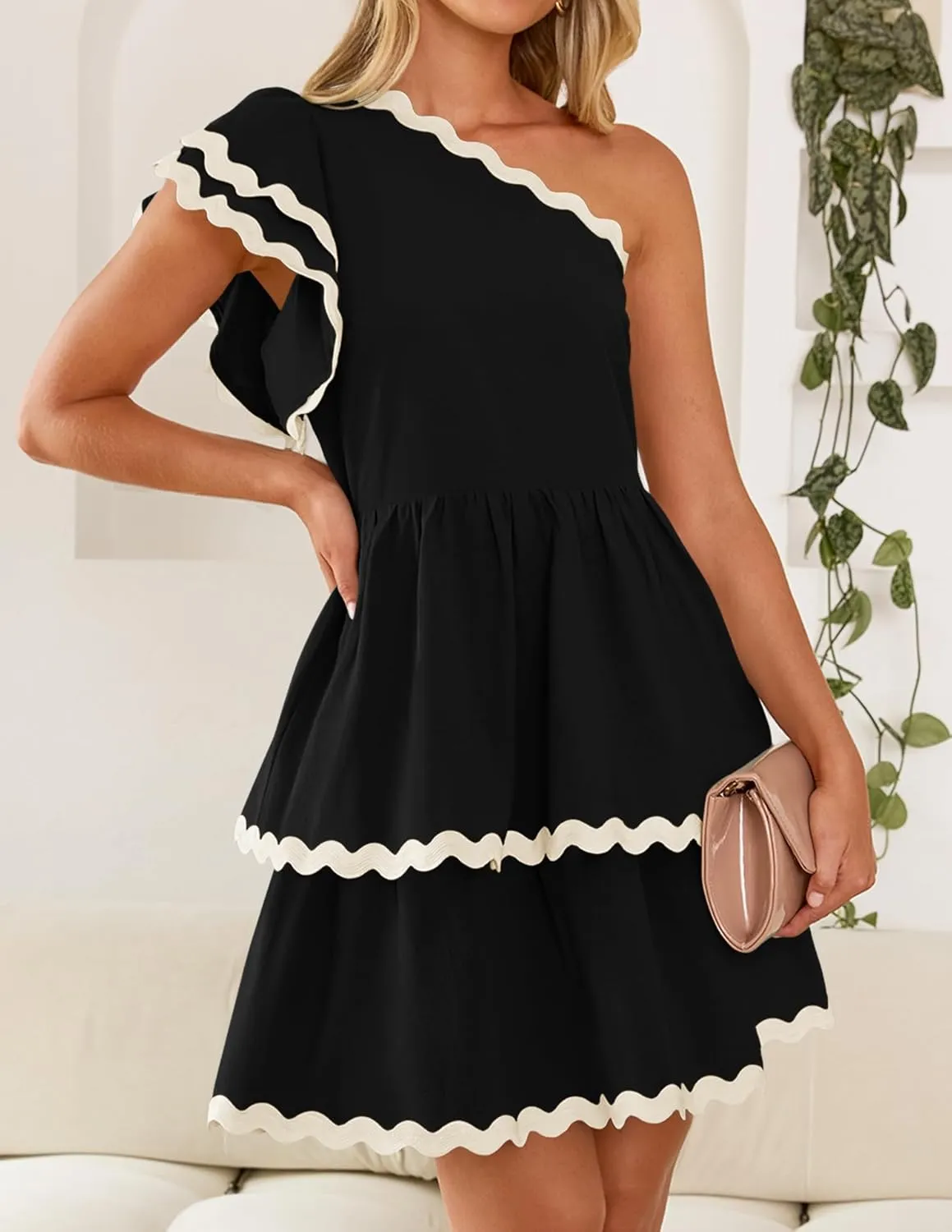 ZESICA Women's 2025 Summer One Shoulder Dresses Ruffle Short Sleeve Tiered Layered Swing A Line Mini Sundress
