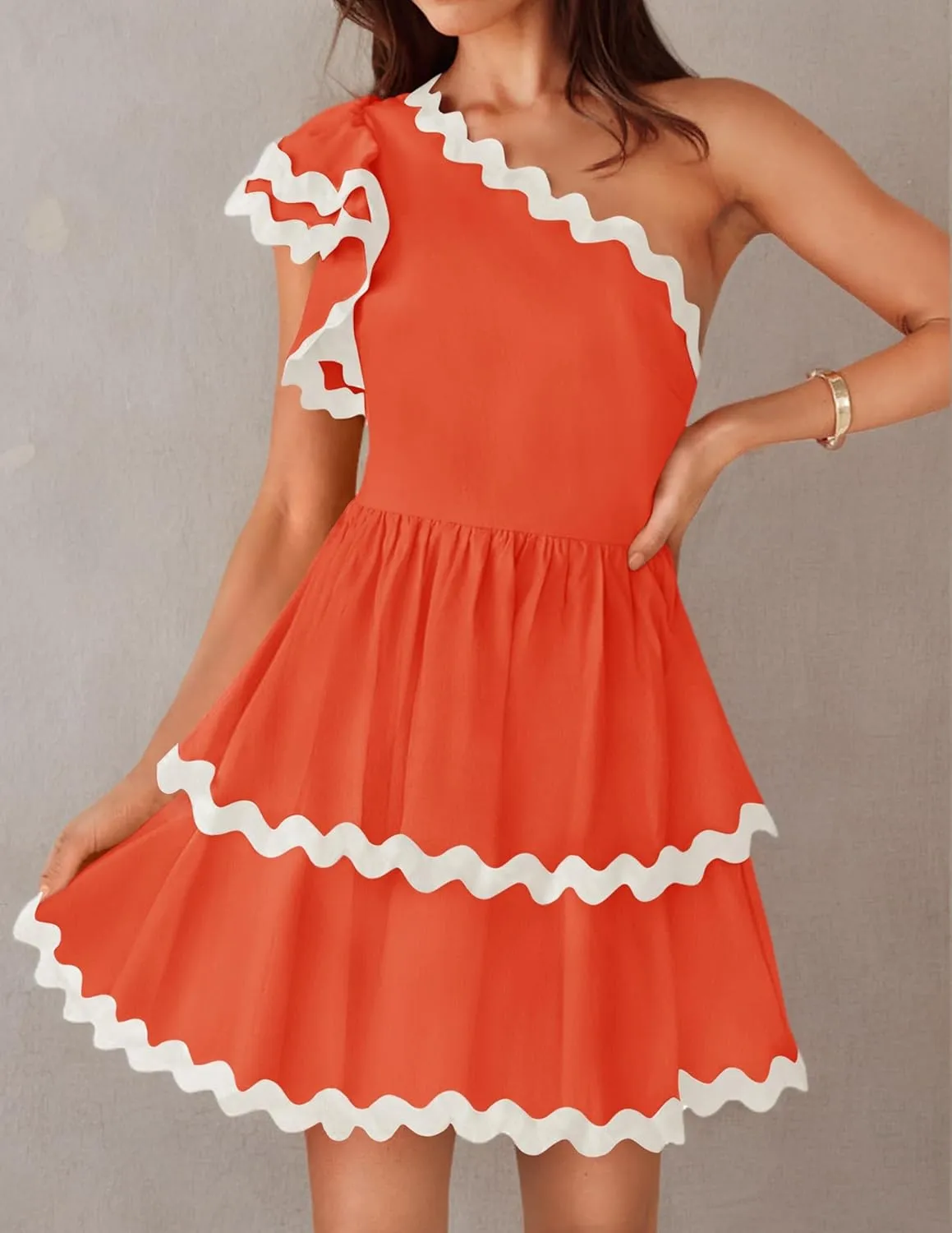 ZESICA Women's 2025 Summer One Shoulder Dresses Ruffle Short Sleeve Tiered Layered Swing A Line Mini Sundress
