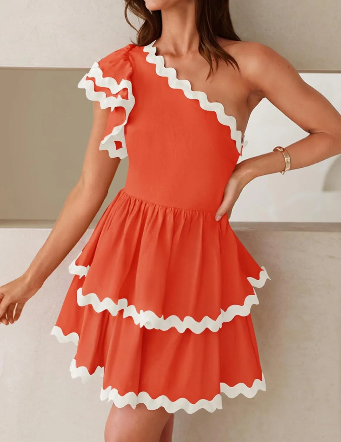 ZESICA Women's 2025 Summer One Shoulder Dresses Ruffle Short Sleeve Tiered Layered Swing A Line Mini Sundress
