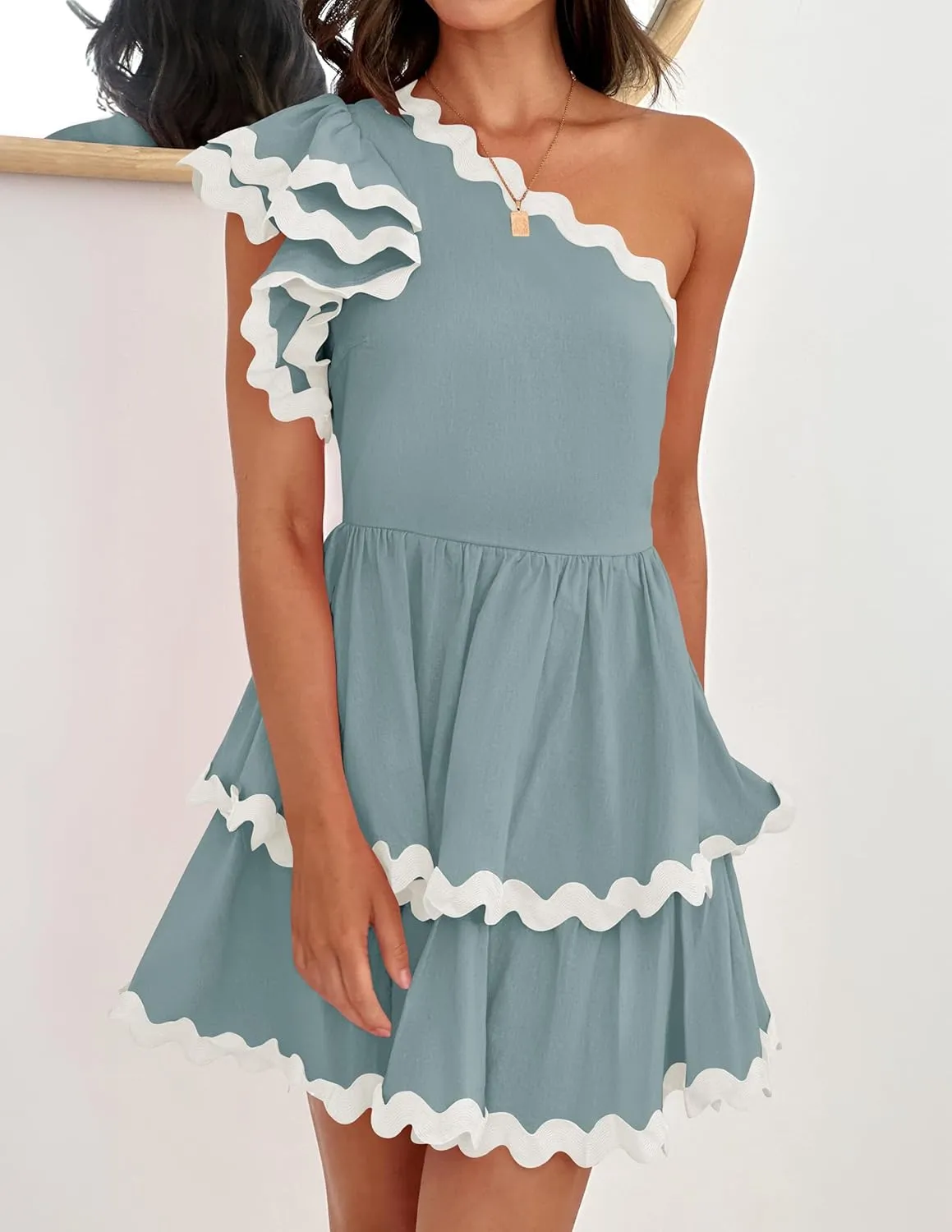 ZESICA Women's 2025 Summer One Shoulder Dresses Ruffle Short Sleeve Tiered Layered Swing A Line Mini Sundress
