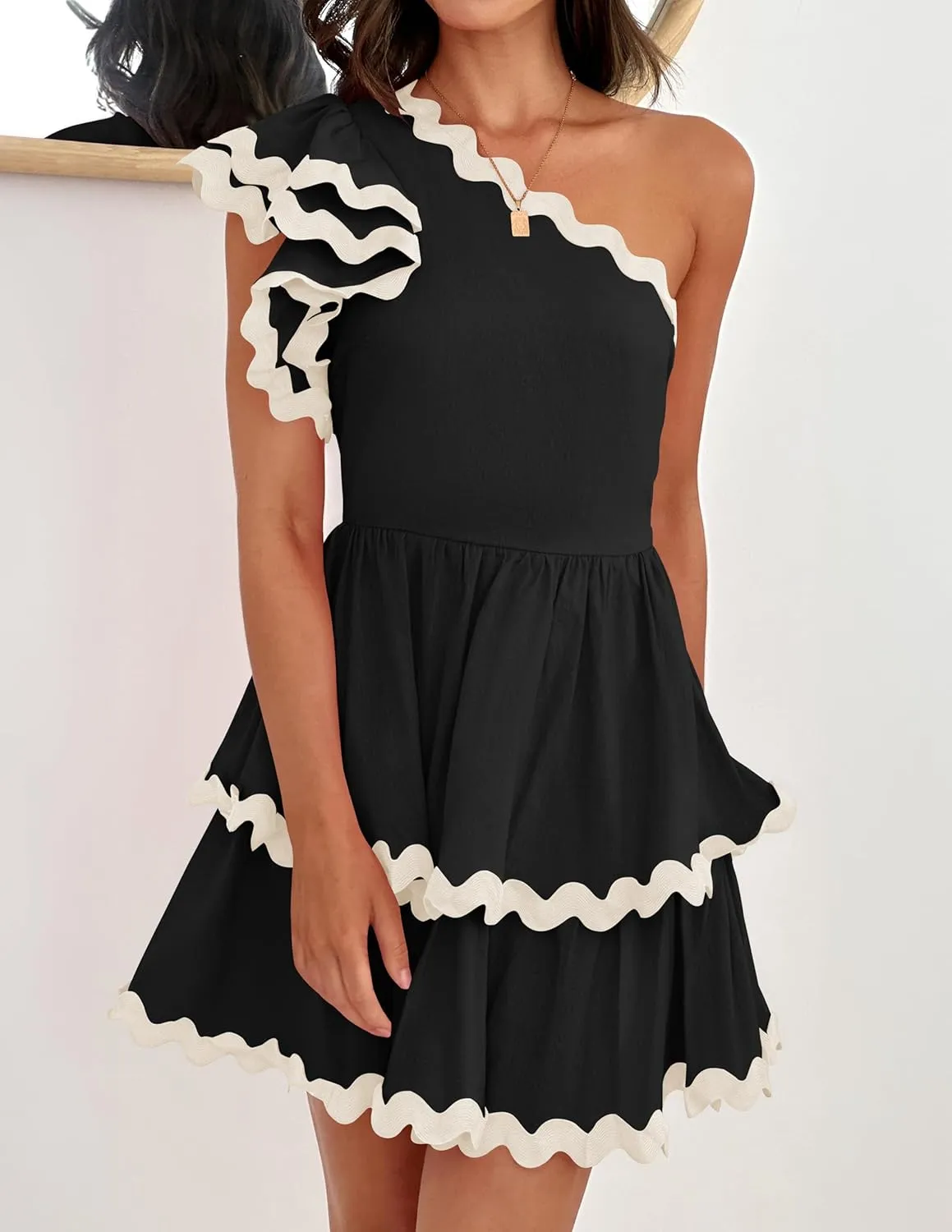 ZESICA Women's 2025 Summer One Shoulder Dresses Ruffle Short Sleeve Tiered Layered Swing A Line Mini Sundress