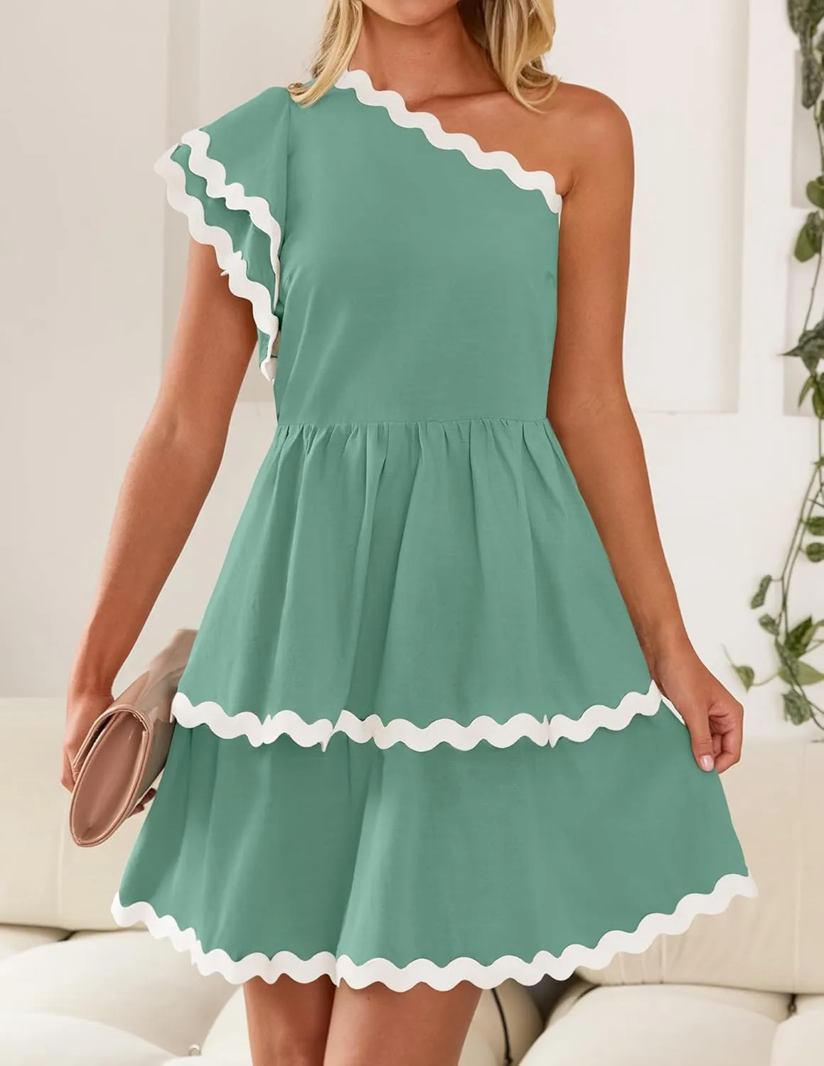 ZESICA Women's 2025 Summer One Shoulder Dresses Ruffle Short Sleeve Tiered Layered Swing A Line Mini Sundress