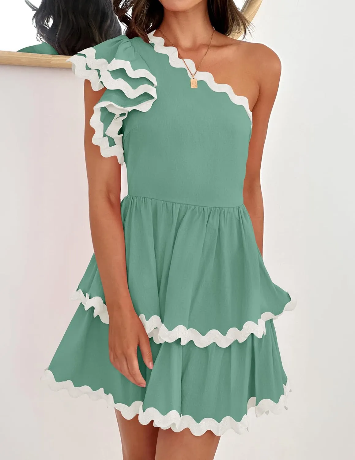 ZESICA Women's 2025 Summer One Shoulder Dresses Ruffle Short Sleeve Tiered Layered Swing A Line Mini Sundress