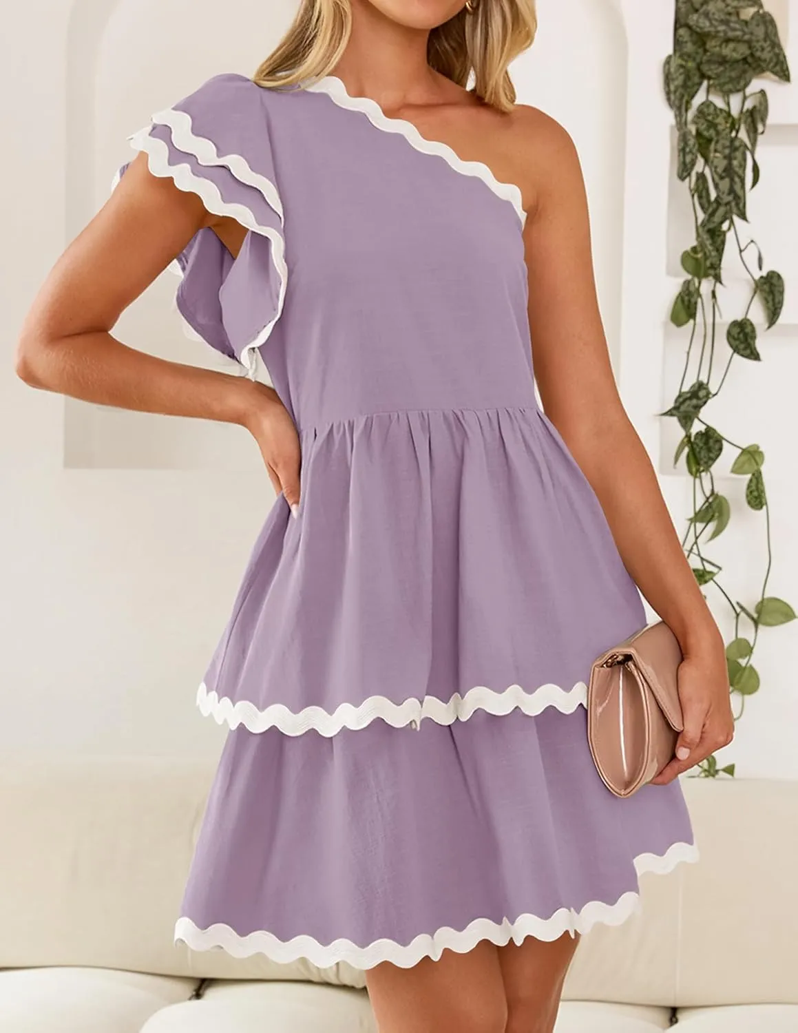ZESICA Women's 2025 Summer One Shoulder Dresses Ruffle Short Sleeve Tiered Layered Swing A Line Mini Sundress