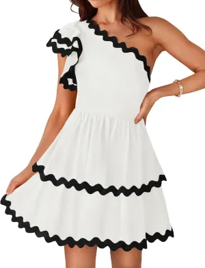 ZESICA Women's 2025 Summer One Shoulder Dresses Ruffle Short Sleeve Tiered Layered Swing A Line Mini Sundress