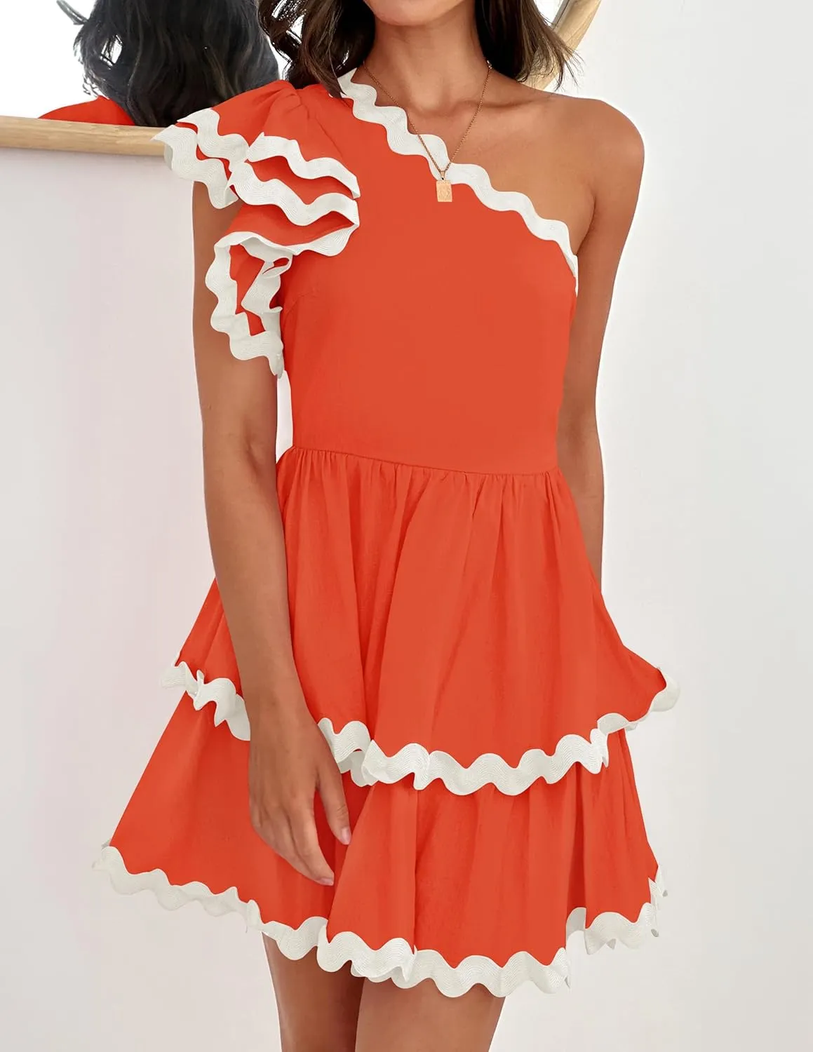 ZESICA Women's 2025 Summer One Shoulder Dresses Ruffle Short Sleeve Tiered Layered Swing A Line Mini Sundress