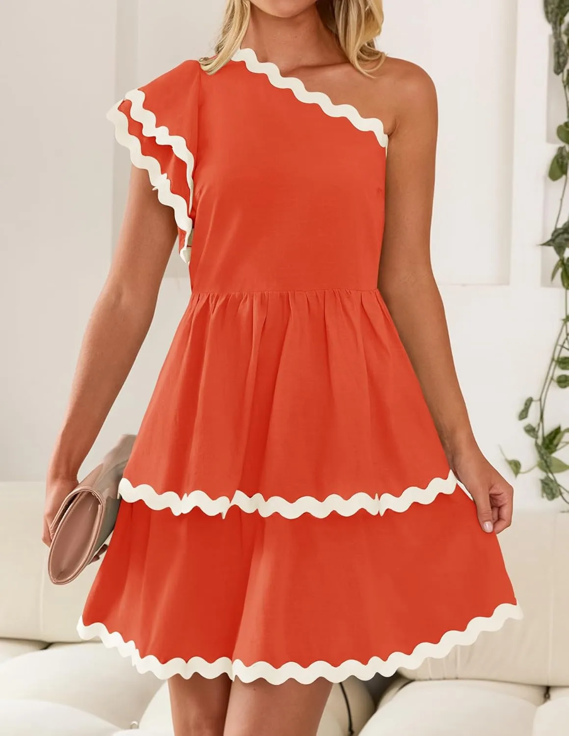 ZESICA Women's 2025 Summer One Shoulder Dresses Ruffle Short Sleeve Tiered Layered Swing A Line Mini Sundress