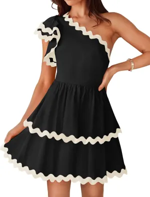 ZESICA Women's 2025 Summer One Shoulder Dresses Ruffle Short Sleeve Tiered Layered Swing A Line Mini Sundress
