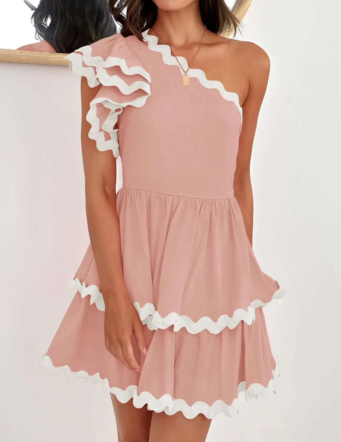 ZESICA Women's 2025 Summer One Shoulder Dresses Ruffle Short Sleeve Tiered Layered Swing A Line Mini Sundress
