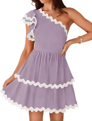 ZESICA Women's 2025 Summer One Shoulder Dresses Ruffle Short Sleeve Tiered Layered Swing A Line Mini Sundress