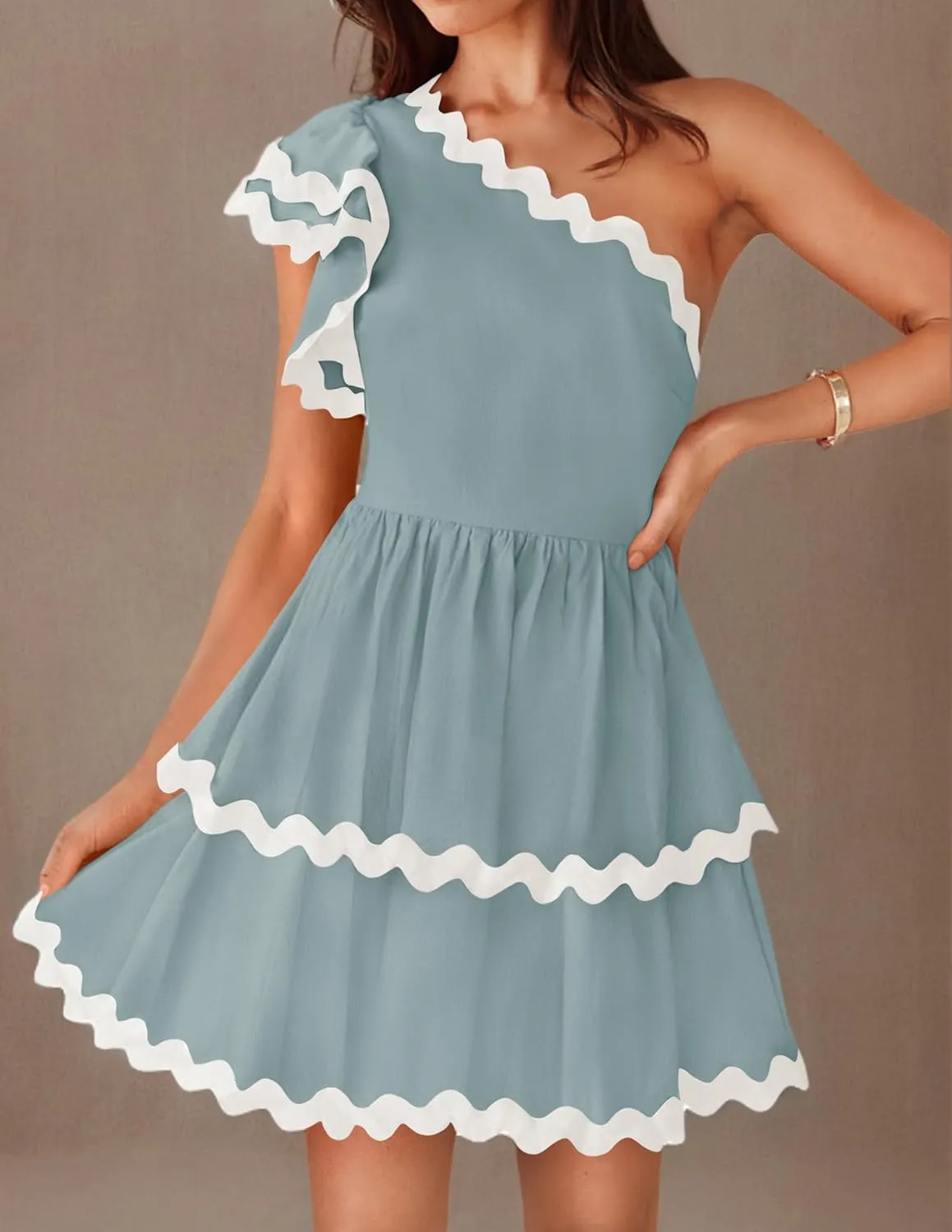 ZESICA Women's 2025 Summer One Shoulder Dresses Ruffle Short Sleeve Tiered Layered Swing A Line Mini Sundress