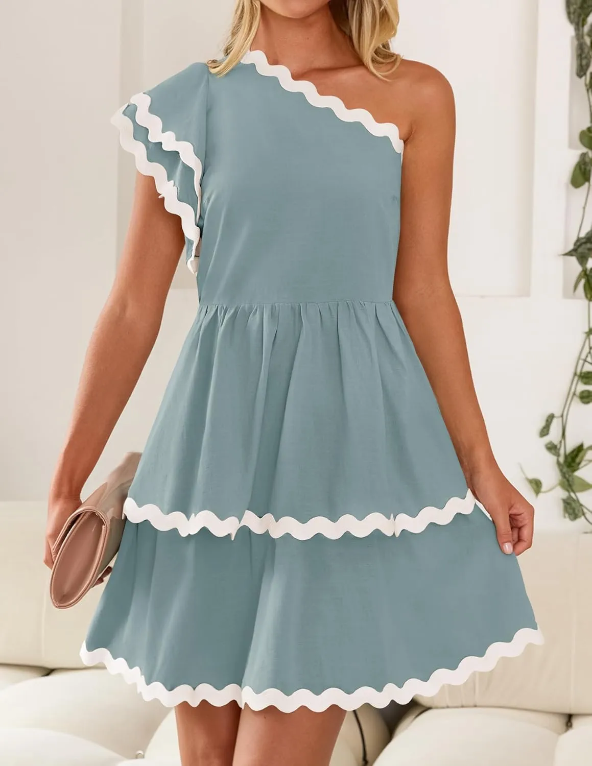 ZESICA Women's 2025 Summer One Shoulder Dresses Ruffle Short Sleeve Tiered Layered Swing A Line Mini Sundress