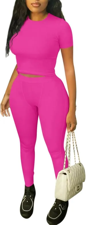 ZFLM Casual Workout Two Piece Outfits for Women Fitted Crew Neck T-shirt High Waist Pants Matching Sets Streetwear