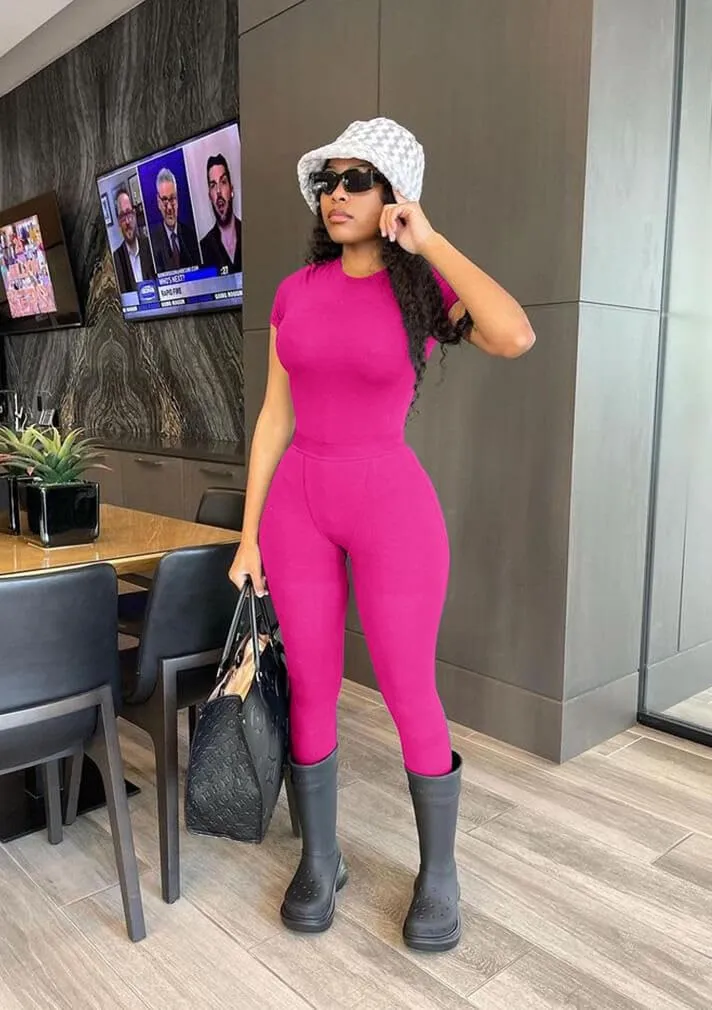 ZFLM Casual Workout Two Piece Outfits for Women Fitted Crew Neck T-shirt High Waist Pants Matching Sets Streetwear
