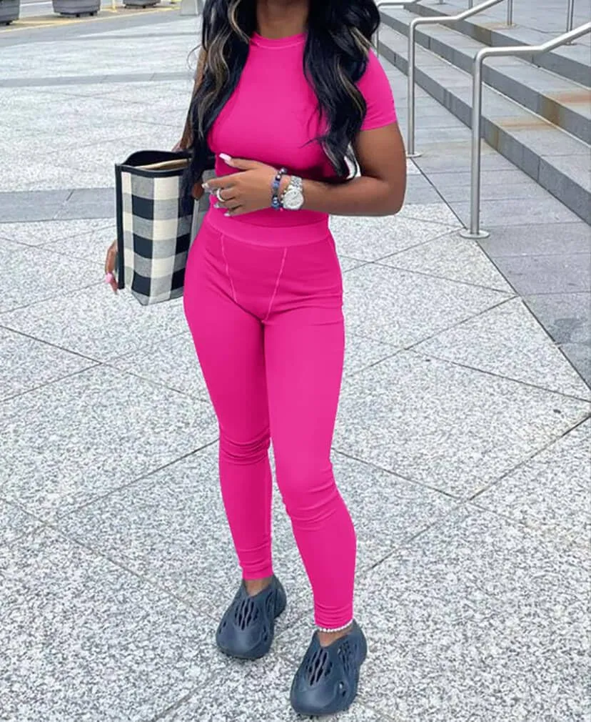 ZFLM Casual Workout Two Piece Outfits for Women Fitted Crew Neck T-shirt High Waist Pants Matching Sets Streetwear
