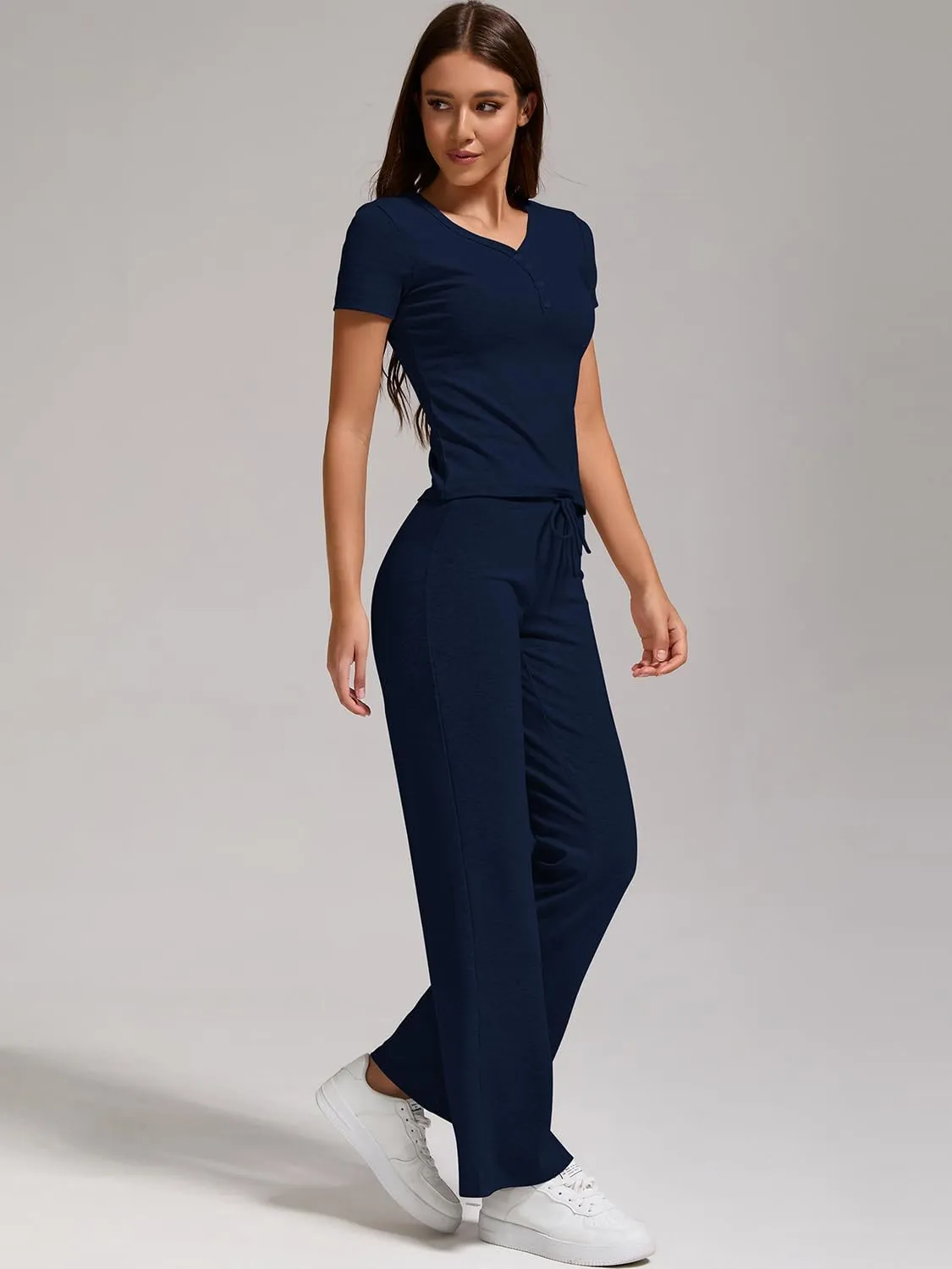 ZFLM Women 2 Piece Lounge Set Half-Button Short Sleeve Crop High Waist Drawstring Wide Leg Pants Active Wear Tracksuits