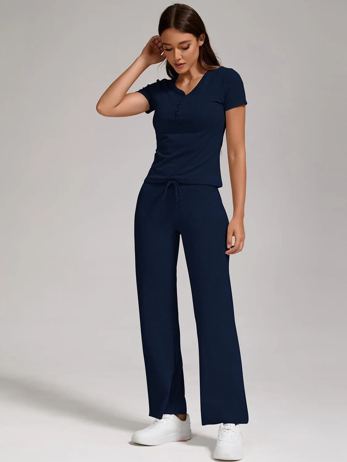 ZFLM Women 2 Piece Lounge Set Half-Button Short Sleeve Crop High Waist Drawstring Wide Leg Pants Active Wear Tracksuits