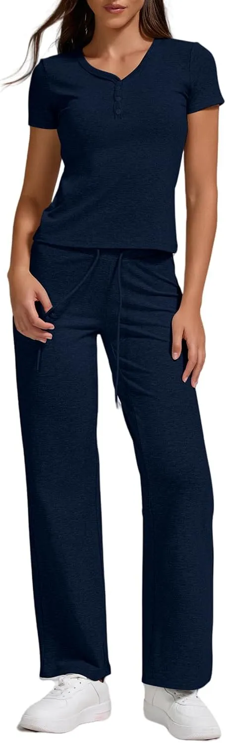 ZFLM Women 2 Piece Lounge Set Half-Button Short Sleeve Crop High Waist Drawstring Wide Leg Pants Active Wear Tracksuits