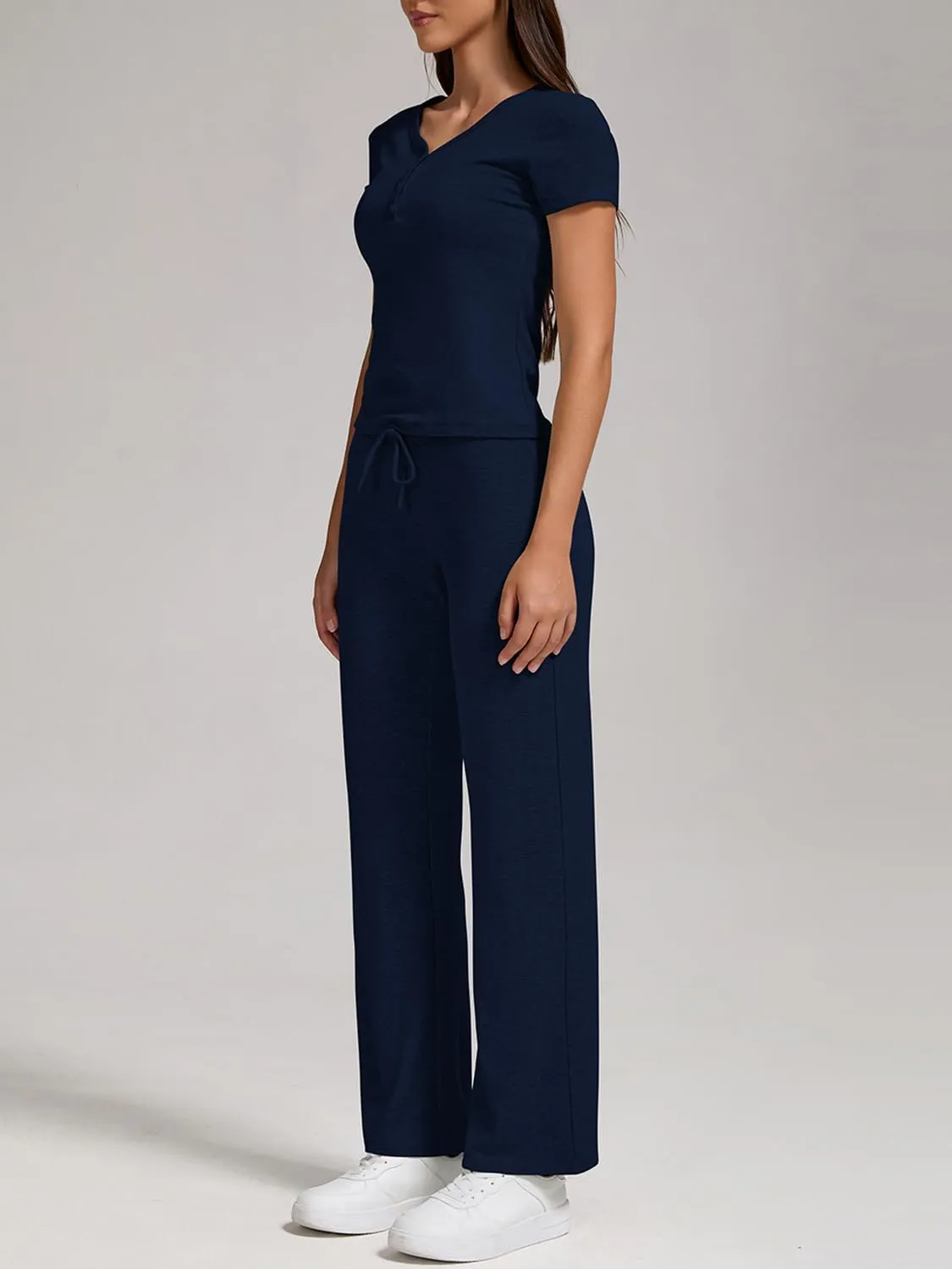 ZFLM Women 2 Piece Lounge Set Half-Button Short Sleeve Crop High Waist Drawstring Wide Leg Pants Active Wear Tracksuits