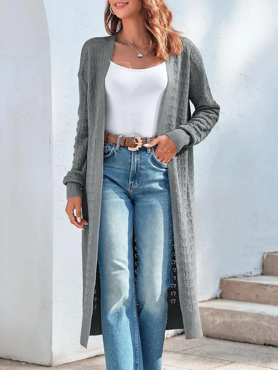 ZoeAce Womens Crochet Maxi Cardigan Sweaters Open Front Knit Long Sleeve Lightweight Duster Cardigan Casual Winter Outfits