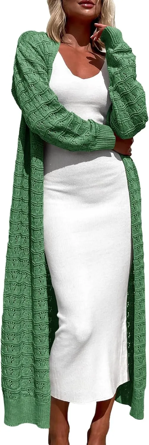 ZoeAce Womens Crochet Maxi Cardigan Sweaters Open Front Knit Long Sleeve Lightweight Duster Cardigan Casual Winter Outfits