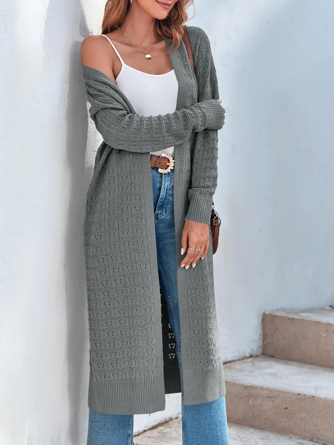 ZoeAce Womens Crochet Maxi Cardigan Sweaters Open Front Knit Long Sleeve Lightweight Duster Cardigan Casual Winter Outfits