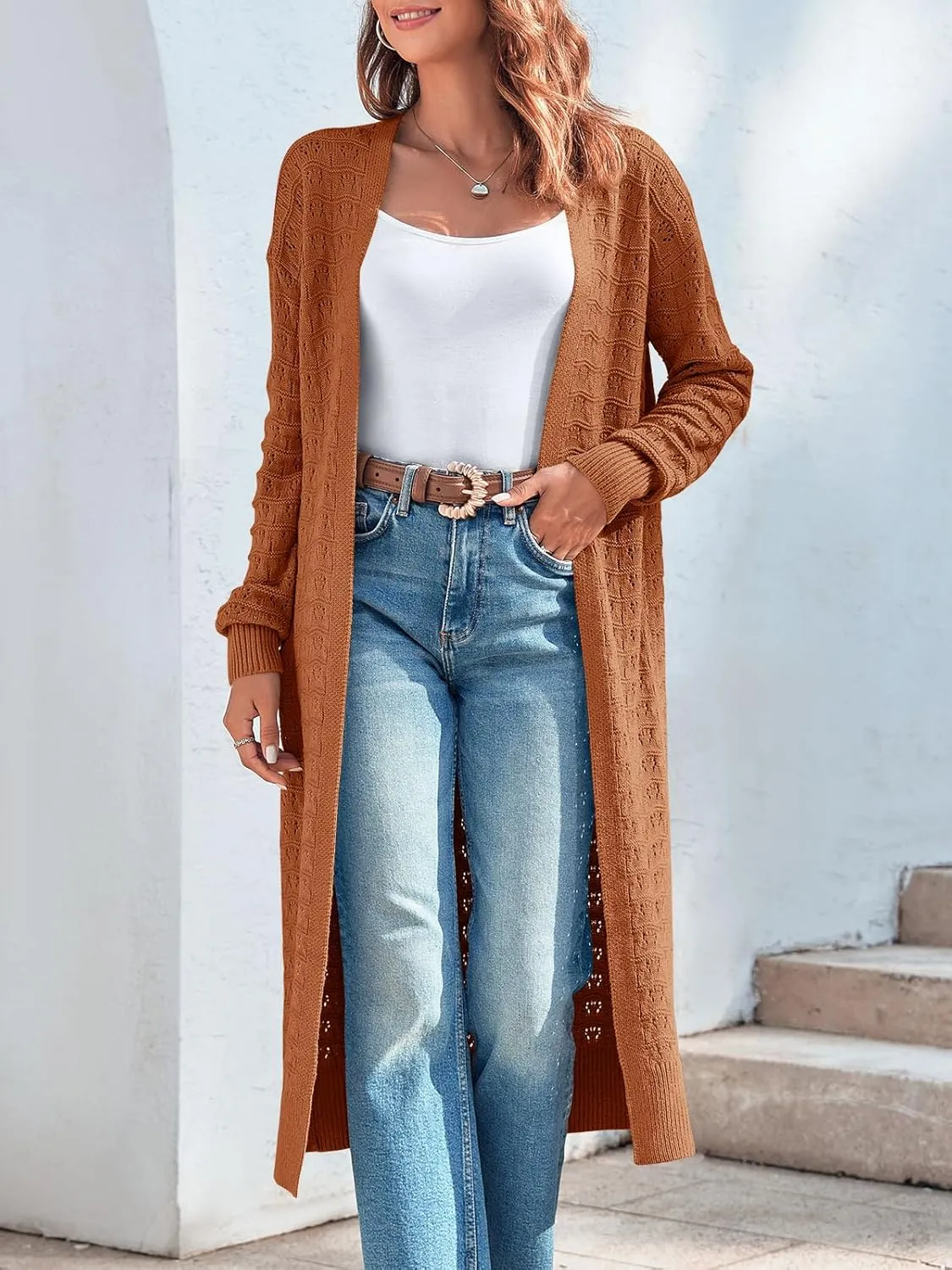 ZoeAce Womens Crochet Maxi Cardigan Sweaters Open Front Knit Long Sleeve Lightweight Duster Cardigan Casual Winter Outfits