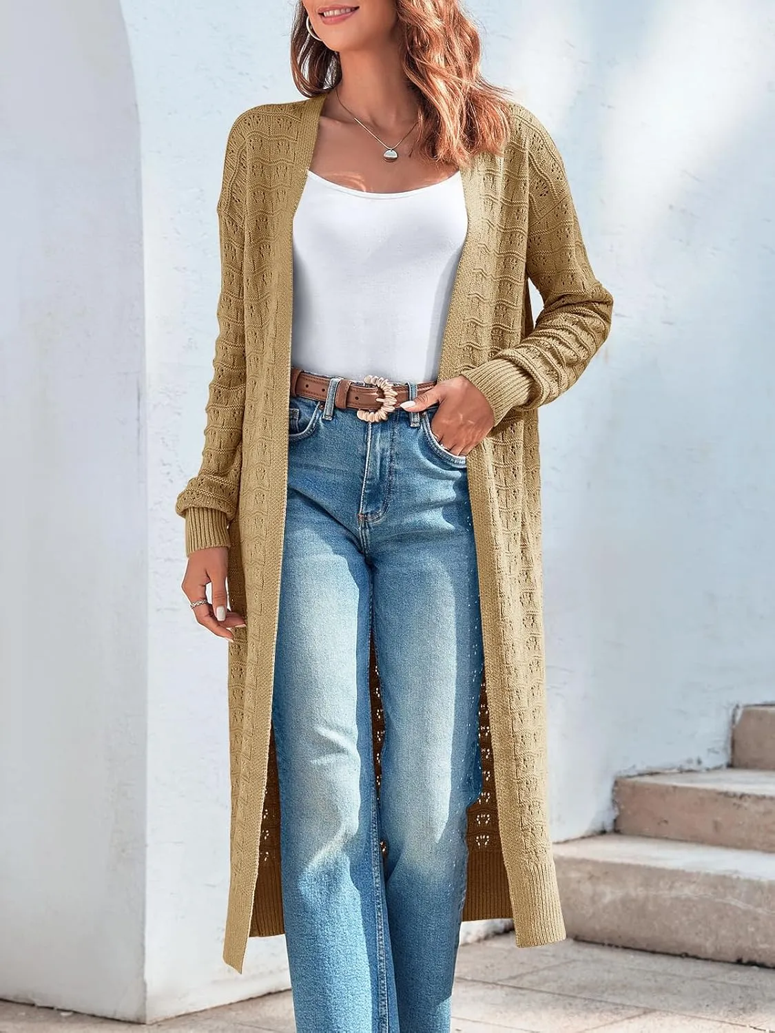 ZoeAce Womens Crochet Maxi Cardigan Sweaters Open Front Knit Long Sleeve Lightweight Duster Cardigan Casual Winter Outfits