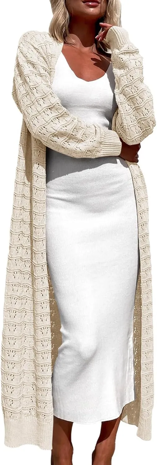 ZoeAce Womens Crochet Maxi Cardigan Sweaters Open Front Knit Long Sleeve Lightweight Duster Cardigan Casual Winter Outfits