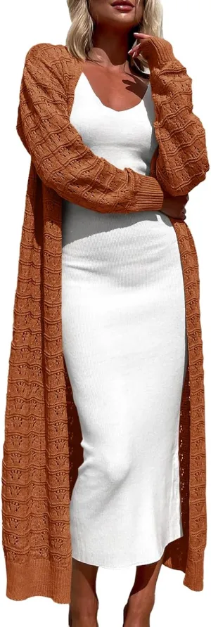 ZoeAce Womens Crochet Maxi Cardigan Sweaters Open Front Knit Long Sleeve Lightweight Duster Cardigan Casual Winter Outfits
