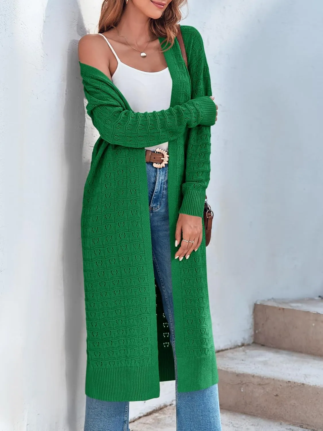 ZoeAce Womens Crochet Maxi Cardigan Sweaters Open Front Knit Long Sleeve Lightweight Duster Cardigan Casual Winter Outfits